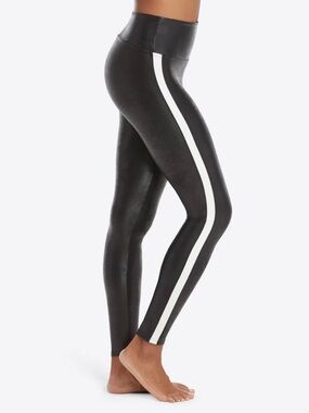 Spanx Faux Leather Stripe Legging in Very Black/White size medium